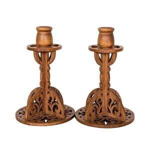 Vintage Scrollwork Wood Candlesticks - Scandinavian Style